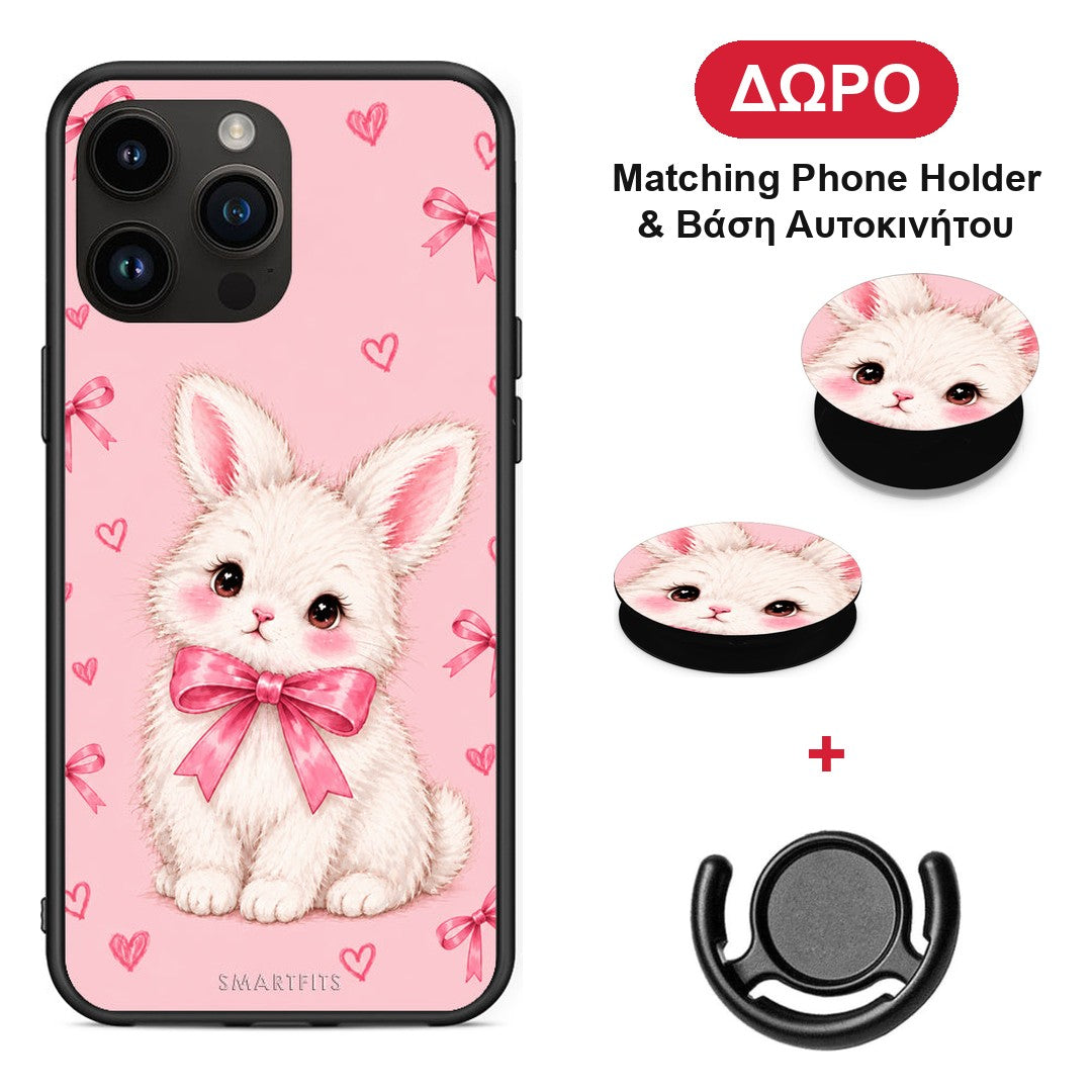 White Bunny and Pink Bows - iPhone 15 Pro Max θήκη + Δώρο Phone Holder & Βάση Αυτοκινήτου