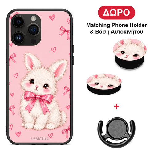 White Bunny and Pink Bows - iPhone 15 Pro Max θήκη + Δώρο Phone Holder & Βάση Αυτοκινήτου