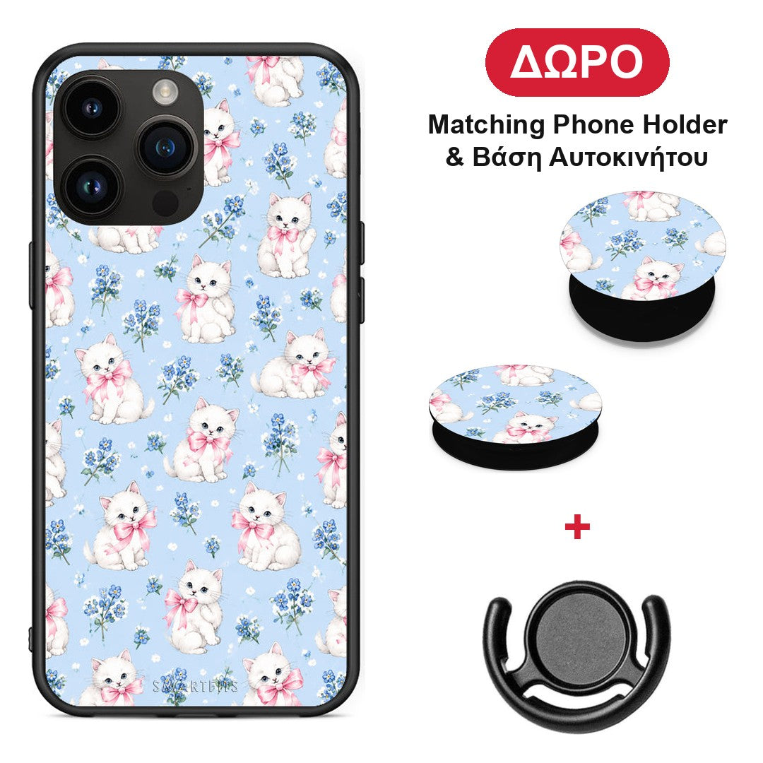 White Kittens and Blue Flowers Small - iPhone 15 Pro Max θήκη + Δώρο Phone Holder & Βάση Αυτοκινήτου
