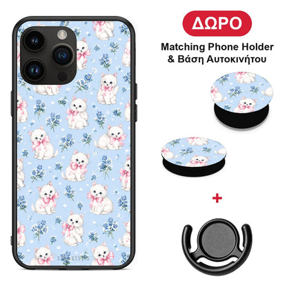 White Kittens and Blue Flowers Small - iPhone 15 Pro Max θήκη + Δώρο Phone Holder & Βάση Αυτοκινήτου