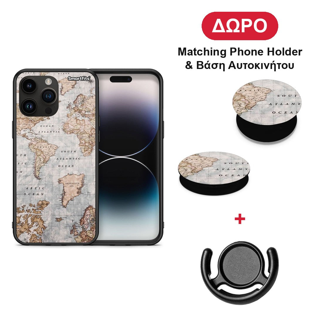 World Map - iPhone 15 Pro Max θήκη + Δώρο Phone Holder & Βάση Αυτοκινήτου