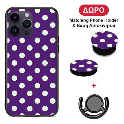 Mint Polka Dots on Purple - iPhone 15 Pro θήκη + Δώρο Phone Holder & Βάση Αυτοκινήτου