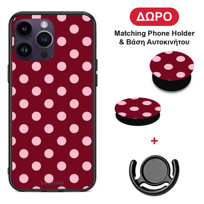 Pink Polka Dots on Burgundy - iPhone 15 Pro θήκη + Δώρο Phone Holder & Βάση Αυτοκινήτου