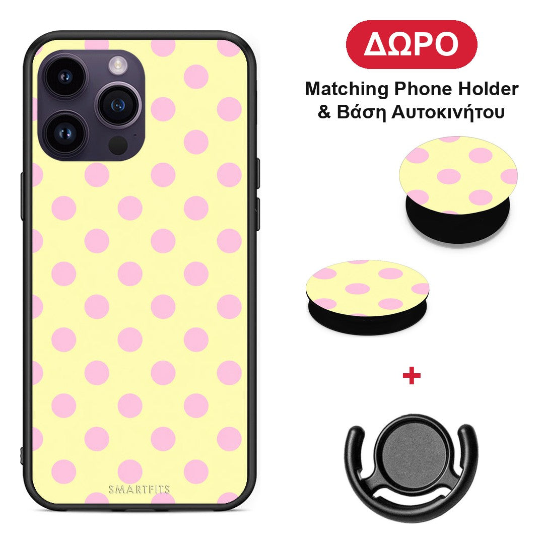 Pink Polka Dots on Yellow - iPhone 15 Pro θήκη + Δώρο Phone Holder & Βάση Αυτοκινήτου
