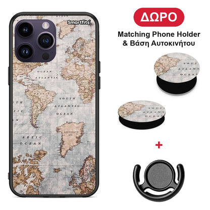 World Map - iPhone 15 Pro θήκη + Δώρο Phone Holder & Βάση Αυτοκινήτου