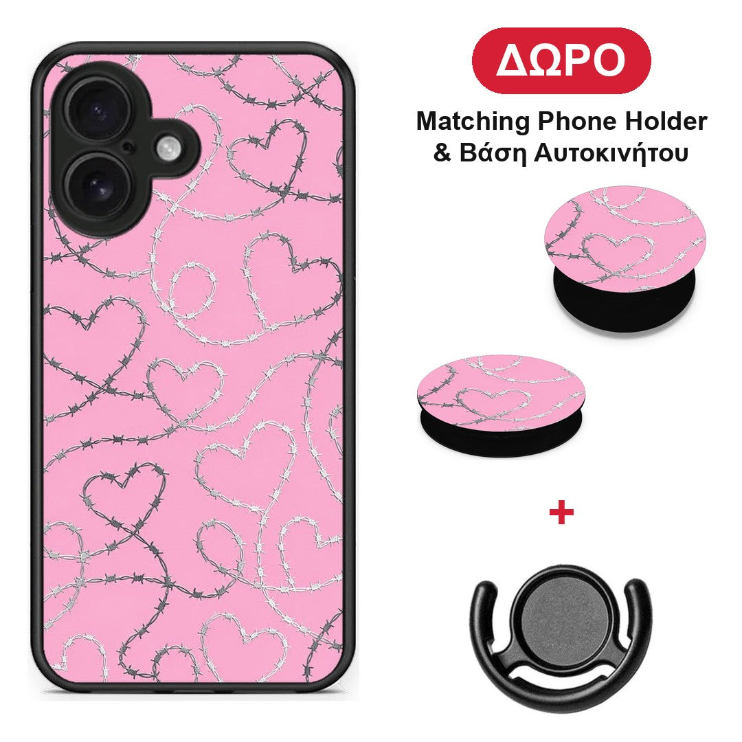 Barbed Wire Hearts on Pink - iPhone 16 θήκη + Δώρο Phone Holder & Βάση Αυτοκινήτου