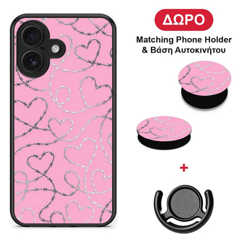 Barbed Wire Hearts on Pink - iPhone 16 θήκη + Δώρο Phone Holder & Βάση Αυτοκινήτου