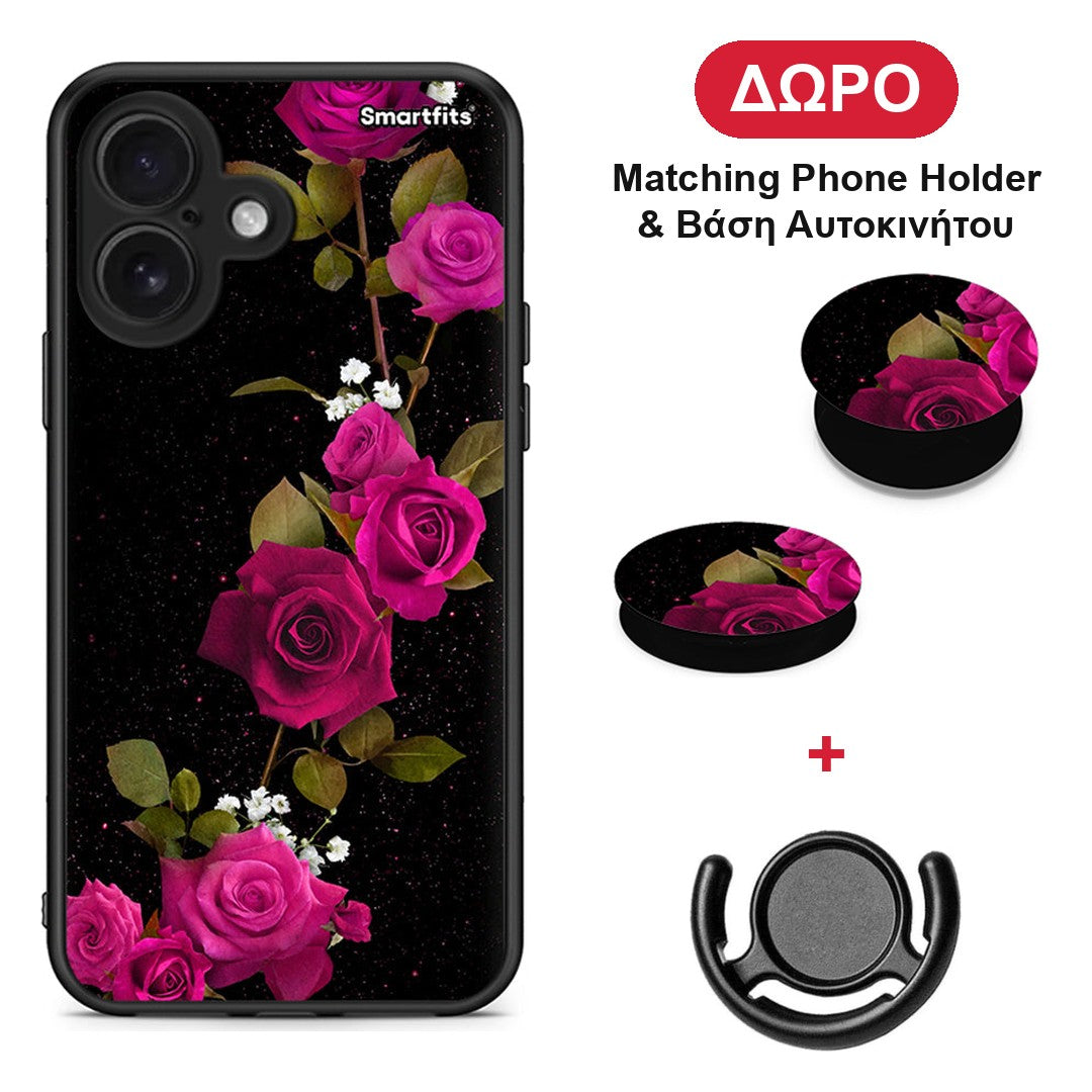 Flower Red Roses - iPhone 16 θήκη + Δώρο Phone Holder & Βάση Αυτοκινήτου