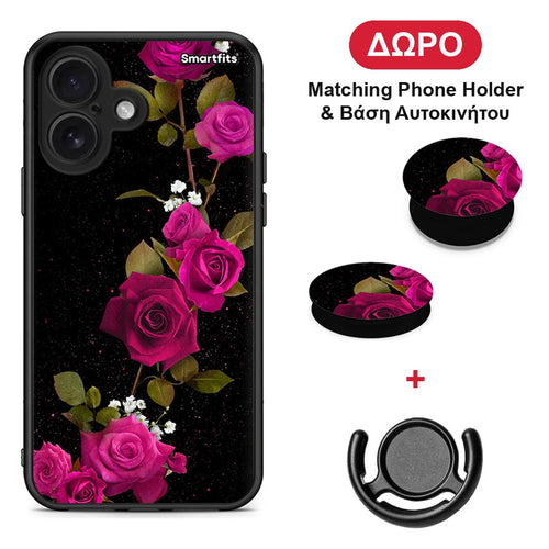 Flower Red Roses - iPhone 16 θήκη + Δώρο Phone Holder & Βάση Αυτοκινήτου