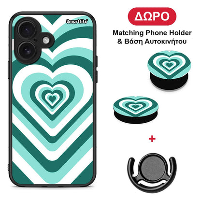 Green Hearts - iPhone 16 θήκη + Δώρο Phone Holder & Βάση Αυτοκινήτου