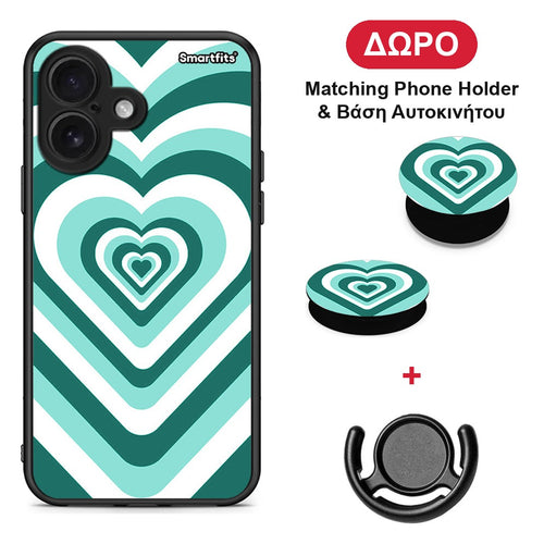 Green Hearts - iPhone 16 θήκη + Δώρο Phone Holder & Βάση Αυτοκινήτου