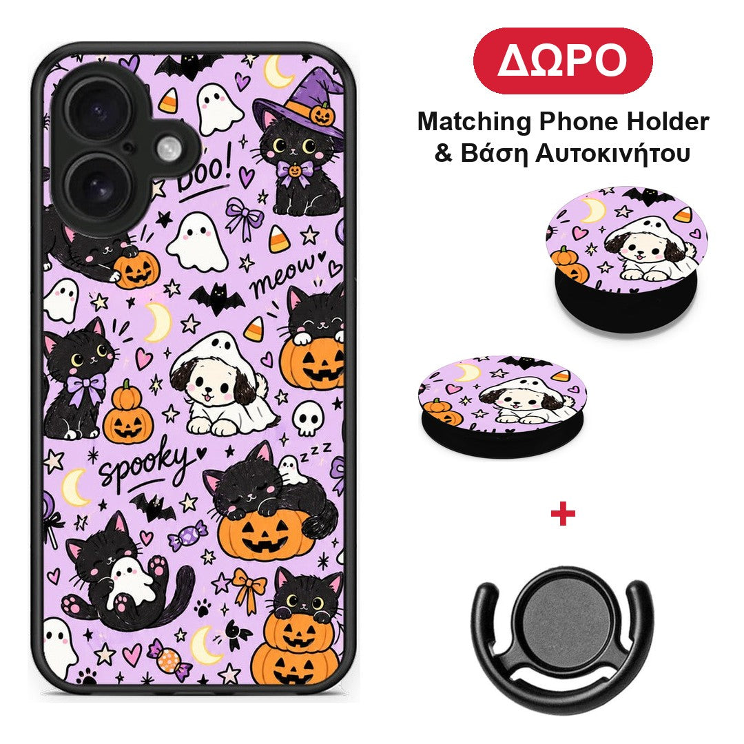 Halloween Black Cats on Lilac - iPhone 16 θήκη + Δώρο Phone Holder & Βάση Αυτοκινήτου