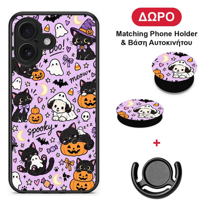 Halloween Black Cats on Lilac - iPhone 16 θήκη + Δώρο Phone Holder & Βάση Αυτοκινήτου