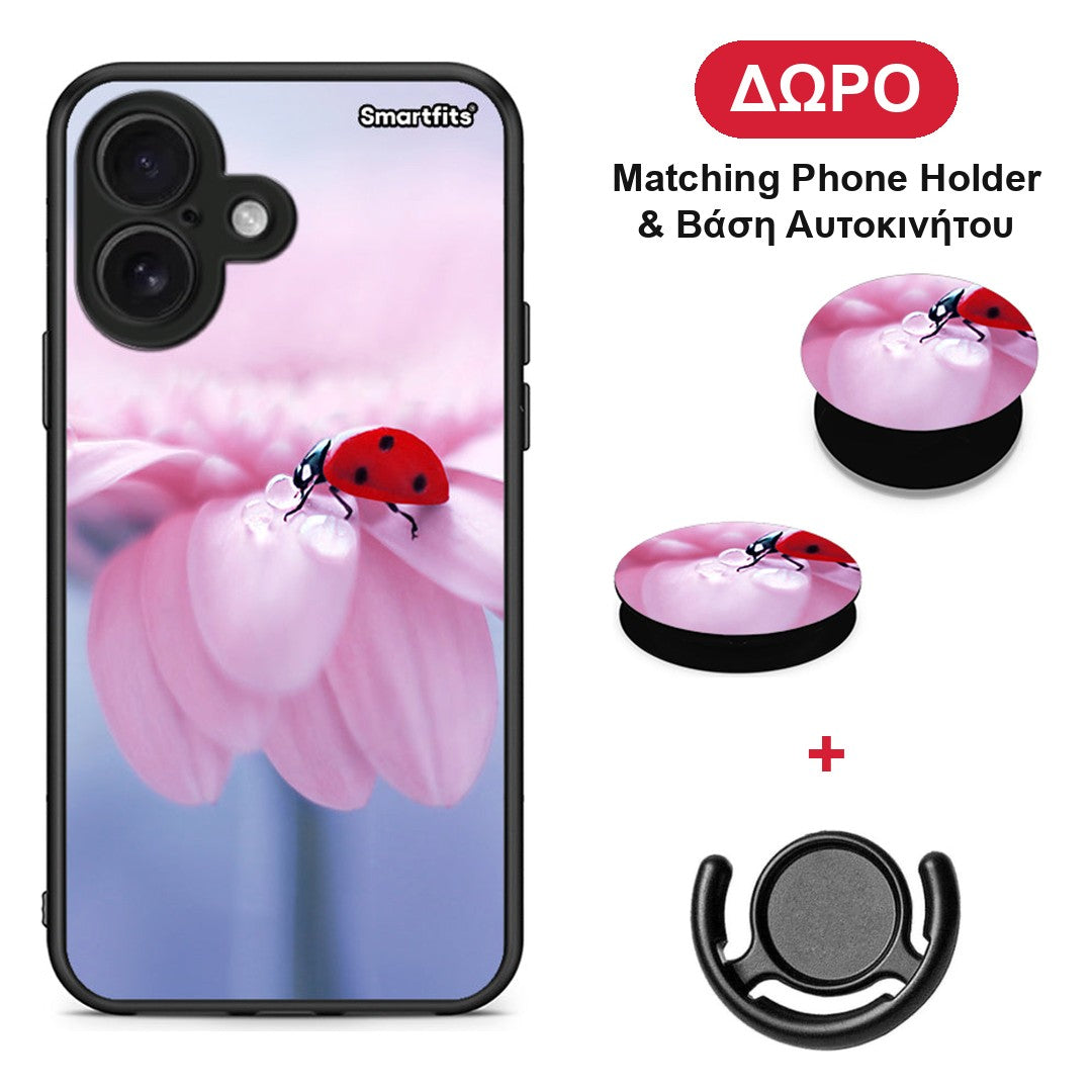 Ladybug Flower - iPhone 16 θήκη + Δώρο Phone Holder & Βάση Αυτοκινήτου