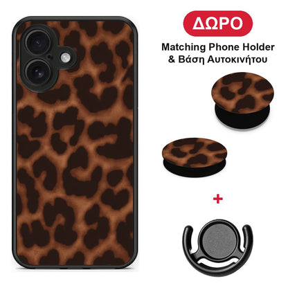 Leopard Print Dark Brown - iPhone 16 θήκη + Δώρο Phone Holder & Βάση Αυτοκινήτου