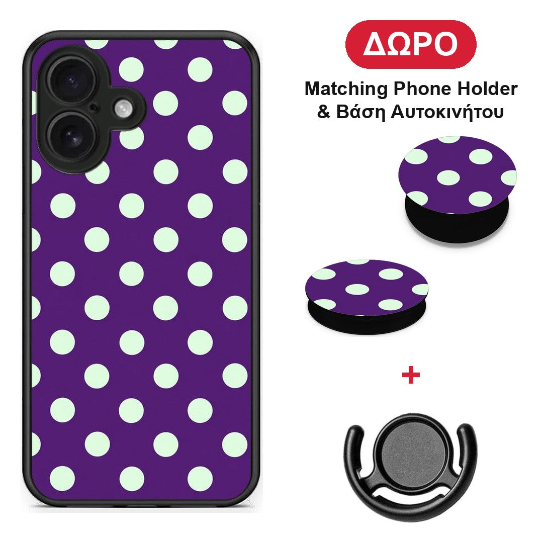 Mint Polka Dots on Purple - iPhone 16 θήκη + Δώρο Phone Holder & Βάση Αυτοκινήτου