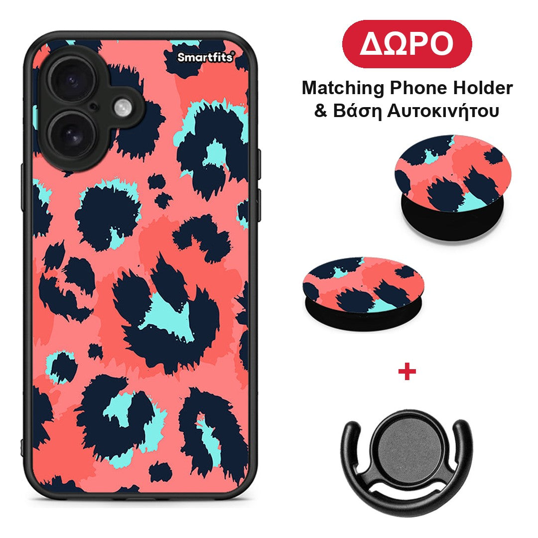 Animal Pink Leopard - iPhone 16 θήκη + Δώρο Phone Holder & Βάση Αυτοκινήτου