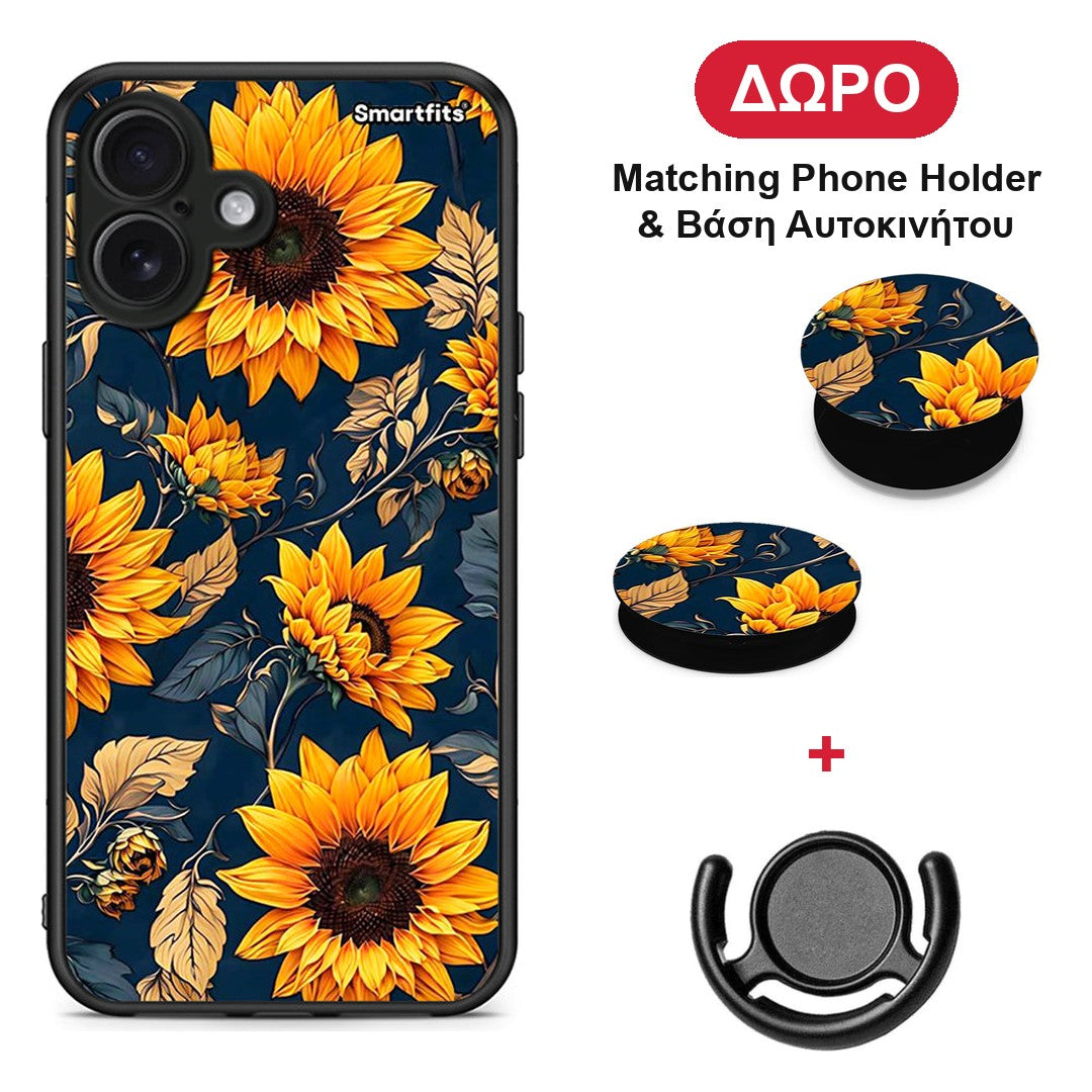Autumn Sunflowers - iPhone 16 Plus θήκη + Δώρο Phone Holder & Βάση Αυτοκινήτου