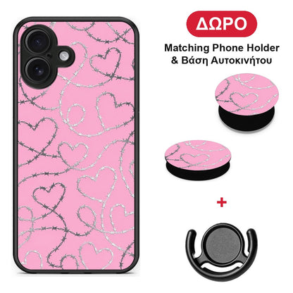 Barbed Wire Hearts on Pink - iPhone 16 Plus θήκη + Δώρο Phone Holder & Βάση Αυτοκινήτου