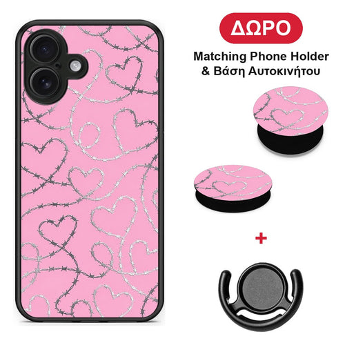 Barbed Wire Hearts on Pink - iPhone 16 Plus θήκη + Δώρο Phone Holder & Βάση Αυτοκινήτου