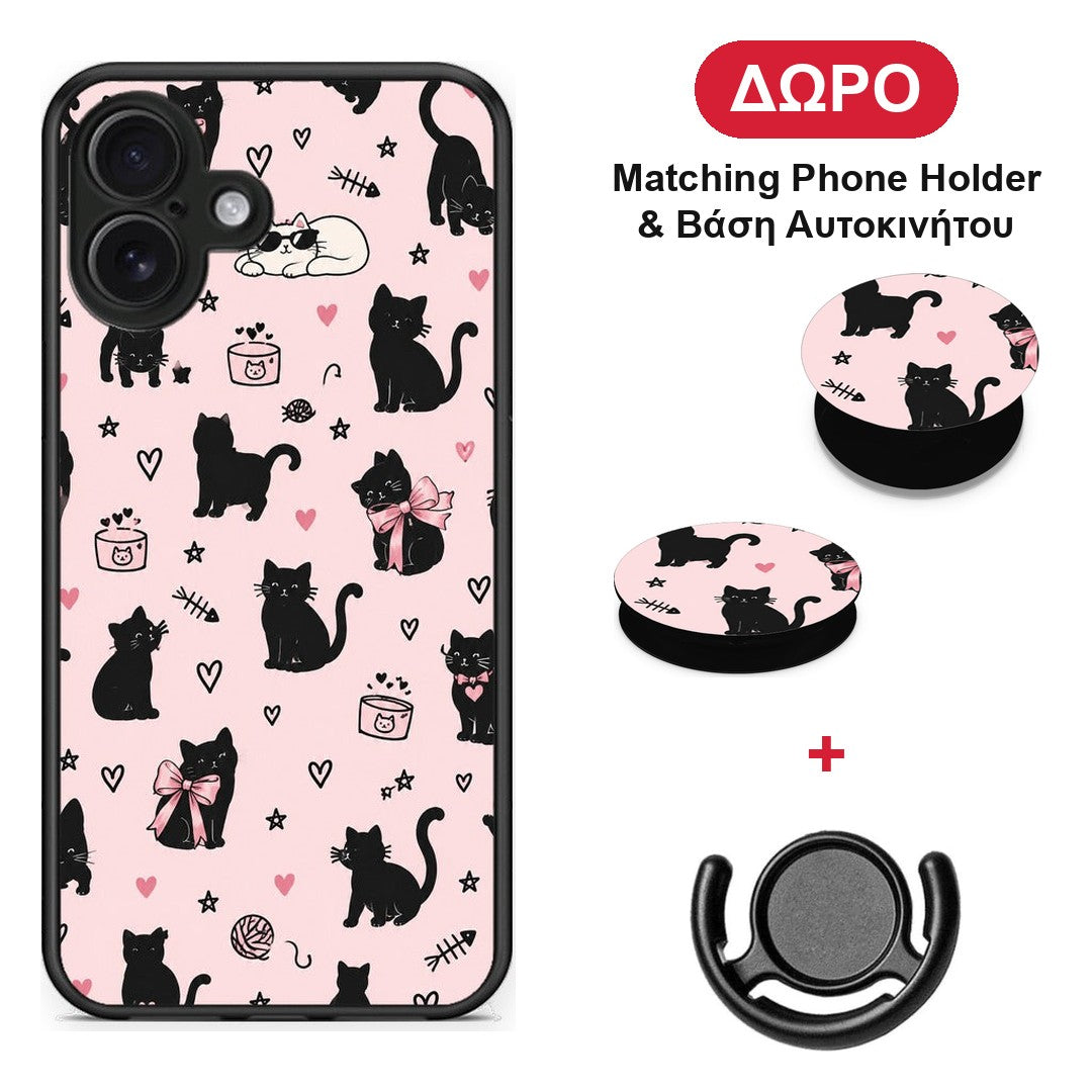Black Cat Doodles on Pink - iPhone 16 Plus θήκη + Δώρο Phone Holder & Βάση Αυτοκινήτου