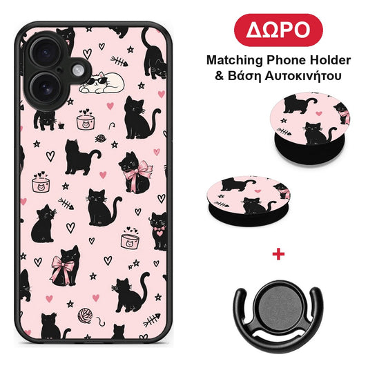 Black Cat Doodles on Pink - iPhone 16 Plus θήκη + Δώρο Phone Holder & Βάση Αυτοκινήτου