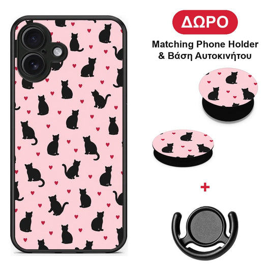 Black Cat Silhouettes and Hearts on Pink - iPhone 16 Plus θήκη + Δώρο Phone Holder & Βάση Αυτοκινήτου