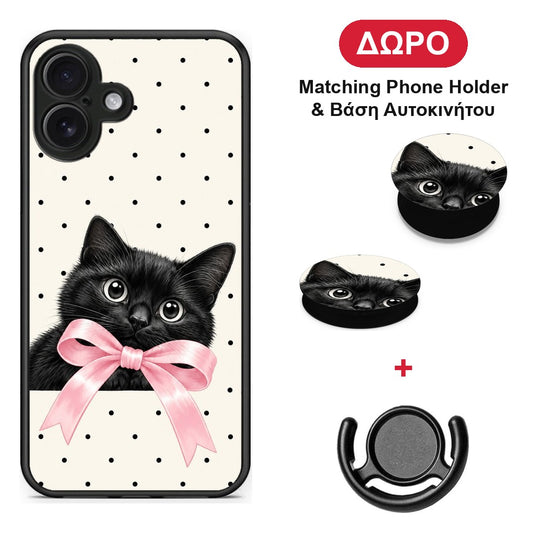 Black Kitten Pink Bow and Polka Dots - iPhone 16 Plus θήκη + Δώρο Phone Holder & Βάση Αυτοκινήτου
