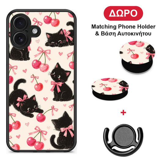 Black Kittens and Cherries on Cream - iPhone 16 Plus θήκη + Δώρο Phone Holder & Βάση Αυτοκινήτου