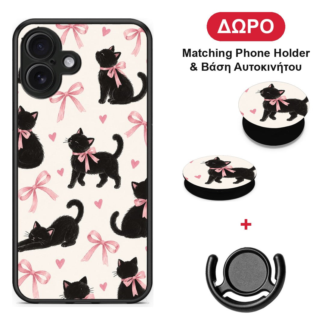 Black Kittens and Pink Bows on Cream Large - iPhone 16 Plus θήκη + Δώρο Phone Holder & Βάση Αυτοκινήτου