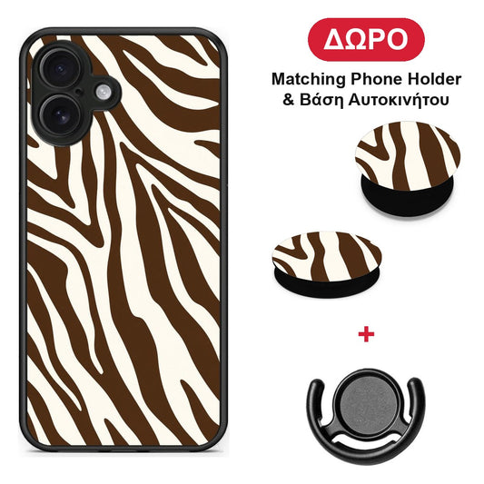 Brown and Cream Zebra Stripes - iPhone 16 Plus θήκη + Δώρο Phone Holder & Βάση Αυτοκινήτου