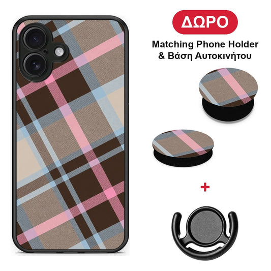 Brown Pink and Blue Diagonal Plaid - iPhone 16 Plus θήκη + Δώρο Phone Holder & Βάση Αυτοκινήτου