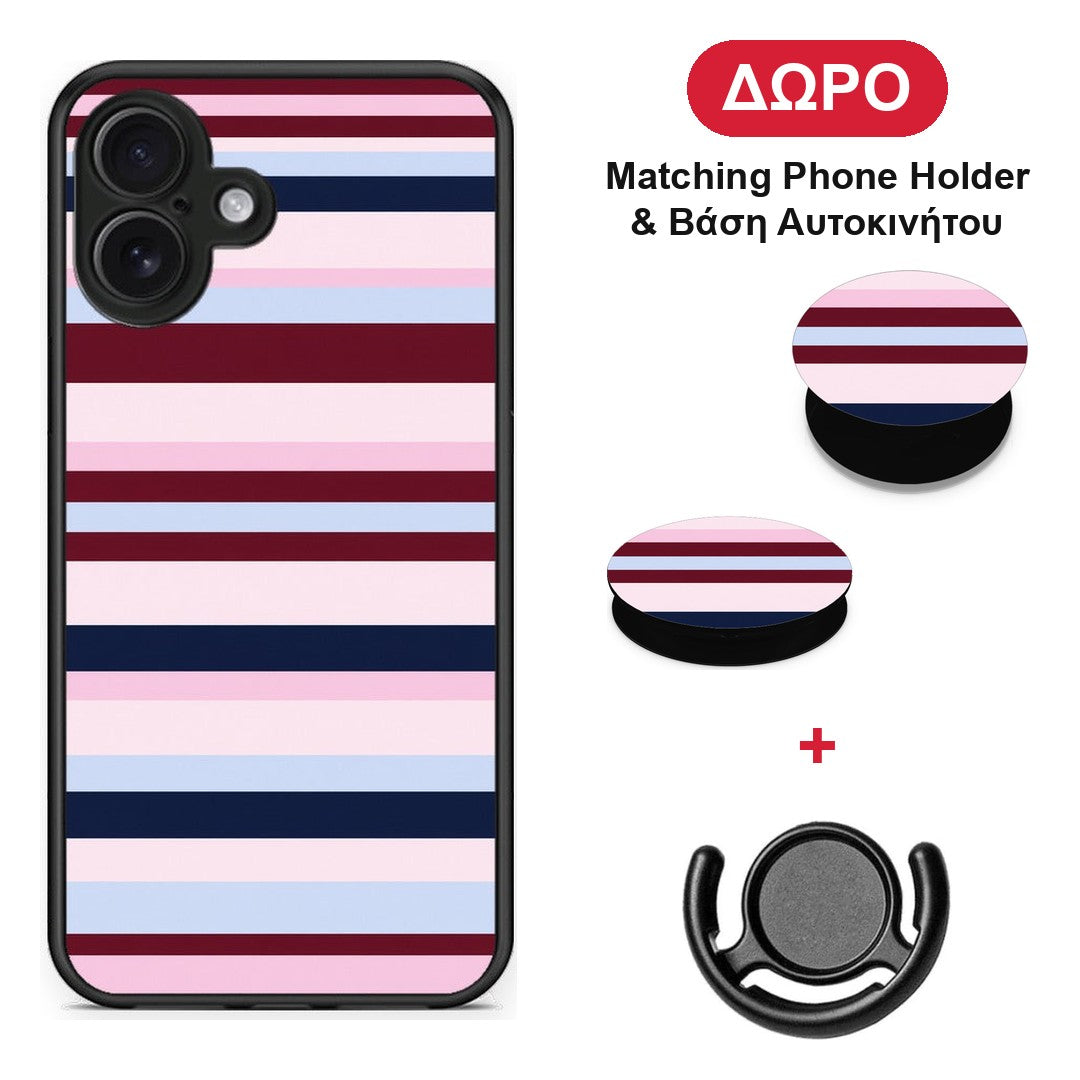 Burgundy Pink and Blue Horizontal Stripes - iPhone 16 Plus θήκη + Δώρο Phone Holder & Βάση Αυτοκινήτου