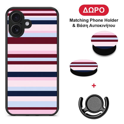 Burgundy Pink and Blue Horizontal Stripes - iPhone 16 Plus θήκη + Δώρο Phone Holder & Βάση Αυτοκινήτου