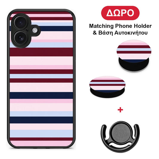 Burgundy Pink and Blue Horizontal Stripes - iPhone 16 Plus θήκη + Δώρο Phone Holder & Βάση Αυτοκινήτου