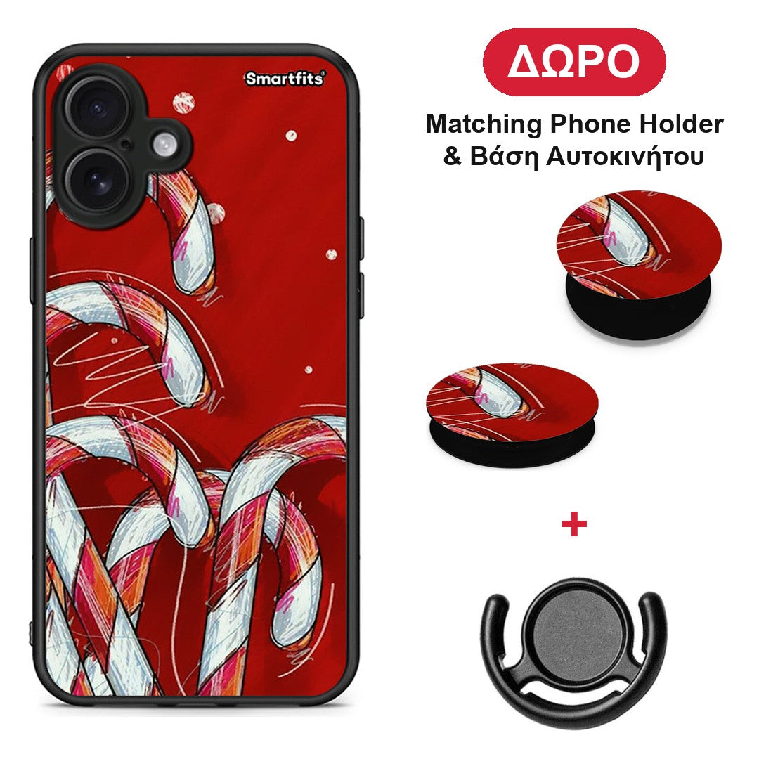 Candy Cane - iPhone 16 Plus θήκη + Δώρο Phone Holder & Βάση Αυτοκινήτου