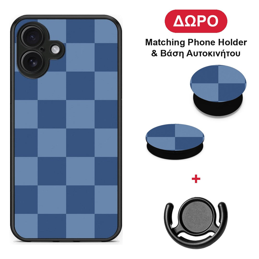 Denim Blue Checkerboard - iPhone 16 Plus θήκη + Δώρο Phone Holder & Βάση Αυτοκινήτου