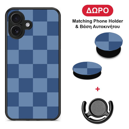 Denim Blue Checkerboard - iPhone 16 Plus θήκη + Δώρο Phone Holder & Βάση Αυτοκινήτου