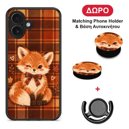 Fox on Autumn Tartan - iPhone 16 Plus θήκη + Δώρο Phone Holder & Βάση Αυτοκινήτου