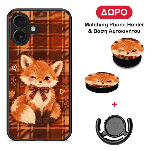Fox on Autumn Tartan - iPhone 16 Plus θήκη + Δώρο Phone Holder & Βάση Αυτοκινήτου