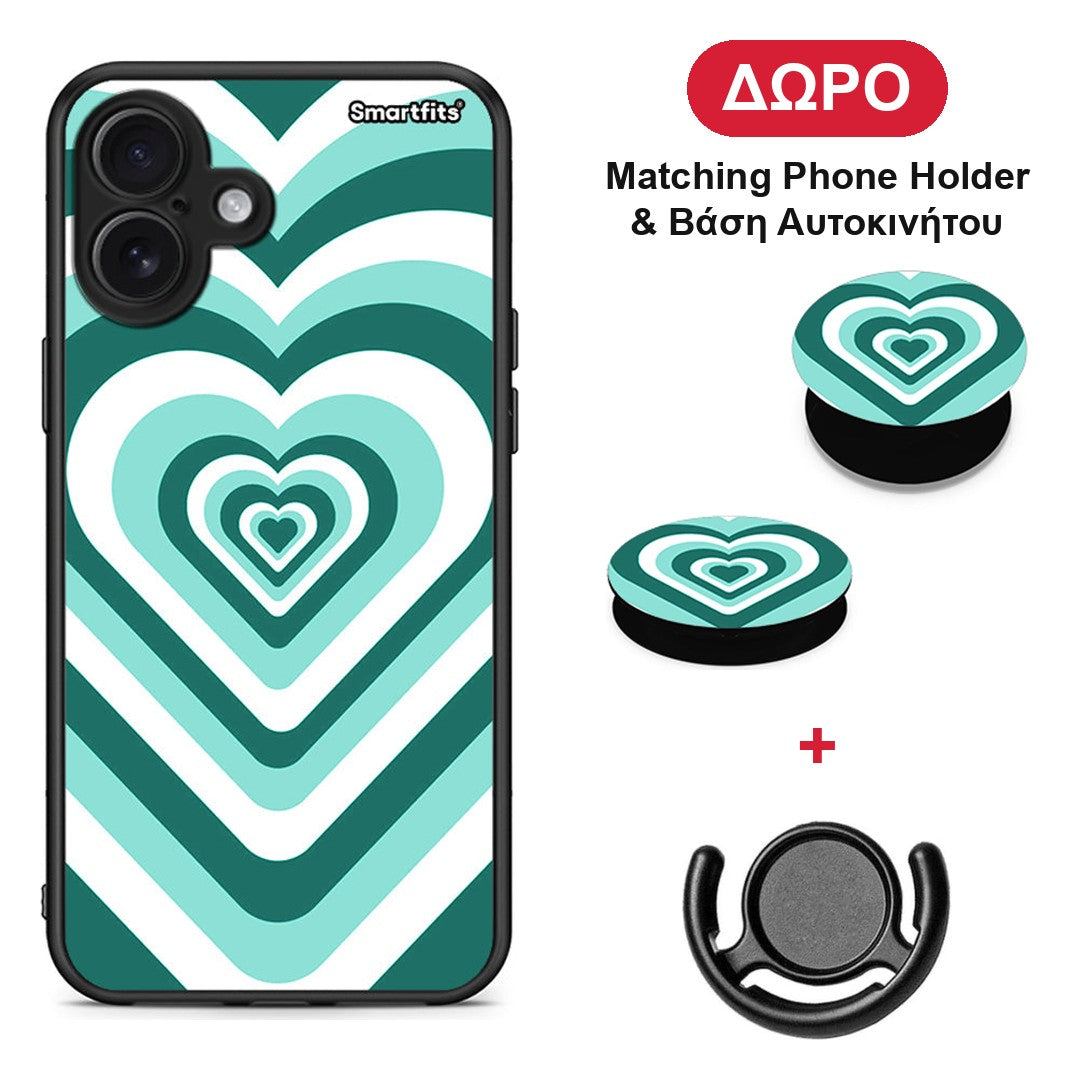 Green Hearts - iPhone 16 Plus θήκη + Δώρο Phone Holder & Βάση Αυτοκινήτου