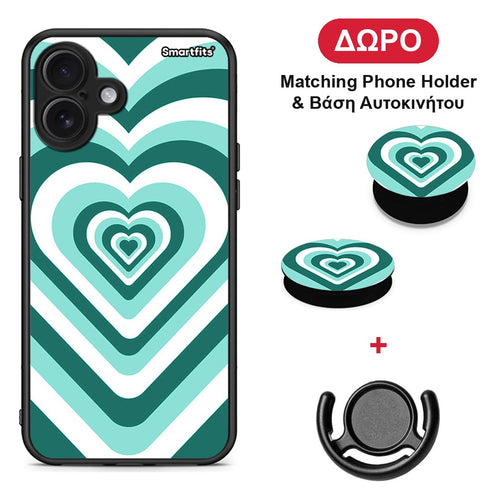 Green Hearts - iPhone 16 Plus θήκη + Δώρο Phone Holder & Βάση Αυτοκινήτου