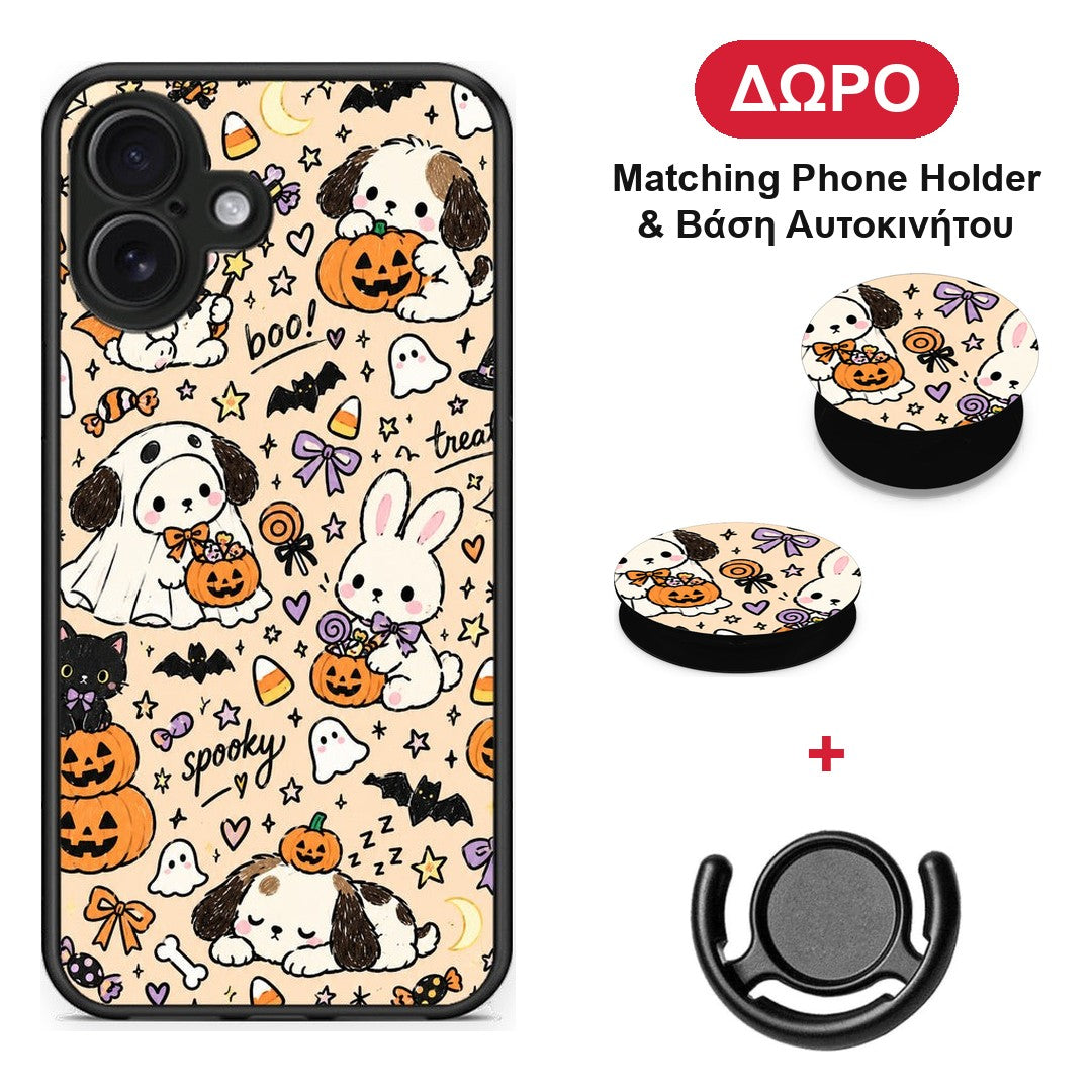 Halloween Puppies and Friends on Cream - iPhone 16 Plus θήκη + Δώρο Phone Holder & Βάση Αυτοκινήτου