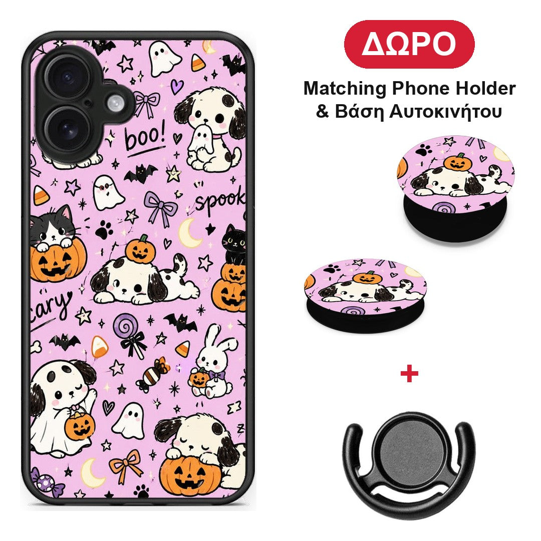 Halloween Puppies and Friends on Lilac - iPhone 16 Plus θήκη + Δώρο Phone Holder & Βάση Αυτοκινήτου