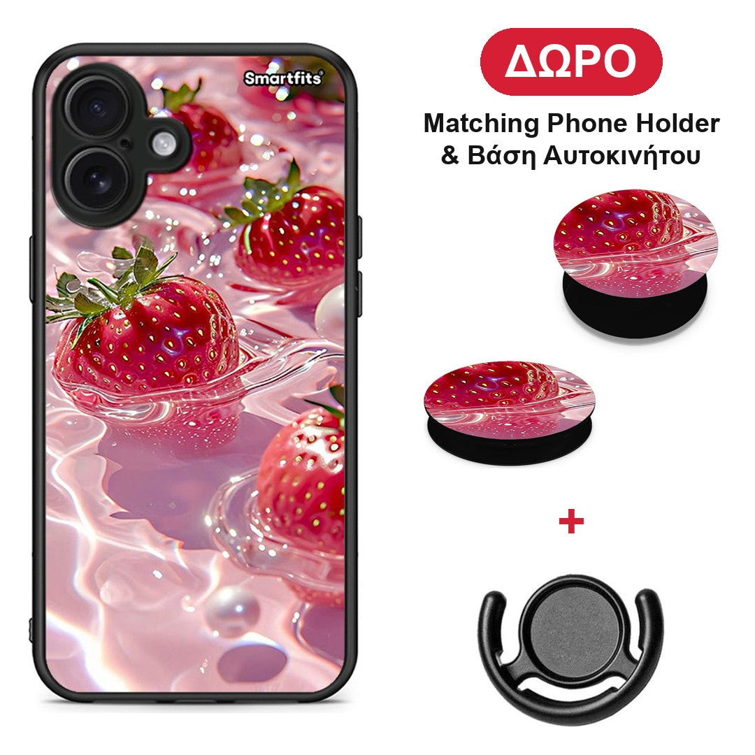 Juicy Strawberries - iPhone 16 Plus θήκη + Δώρο Phone Holder & Βάση Αυτοκινήτου