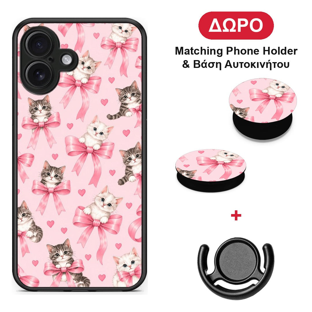 Kittens and Pink Bows on Pink - iPhone 16 Plus θήκη + Δώρο Phone Holder & Βάση Αυτοκινήτου