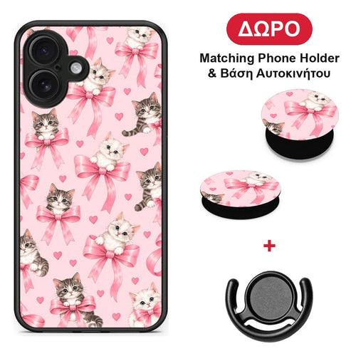 Kittens and Pink Bows on Pink - iPhone 16 Plus θήκη + Δώρο Phone Holder & Βάση Αυτοκινήτου
