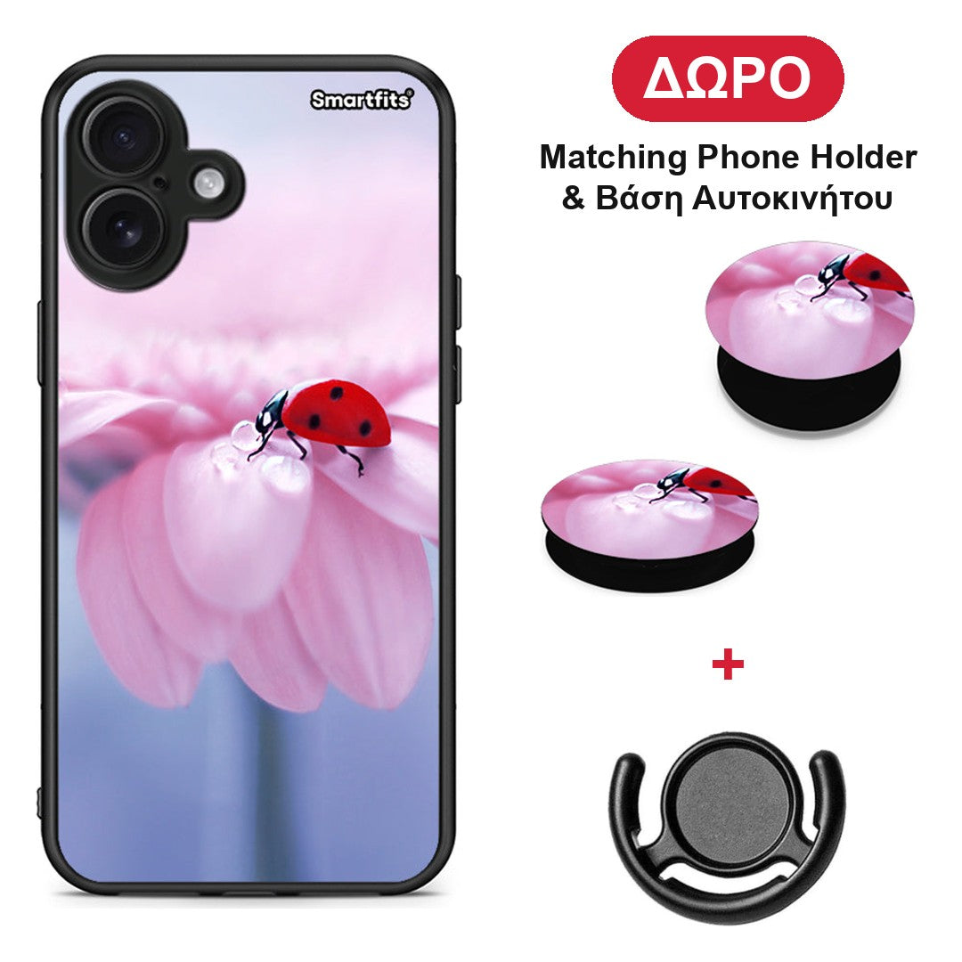 Ladybug Flower - iPhone 16 Plus θήκη + Δώρο Phone Holder & Βάση Αυτοκινήτου