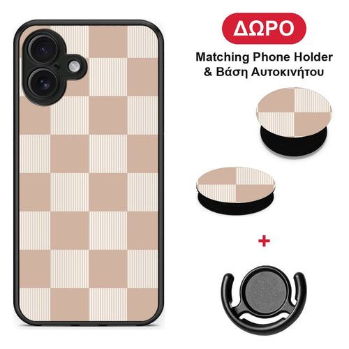 Latte and Cream Striped Checks - iPhone 16 Plus θήκη + Δώρο Phone Holder & Βάση Αυτοκινήτου