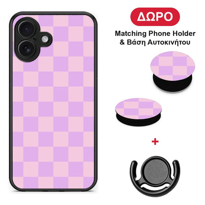 Lavender and Pink Checkerboard - iPhone 16 Plus θήκη + Δώρο Phone Holder & Βάση Αυτοκινήτου